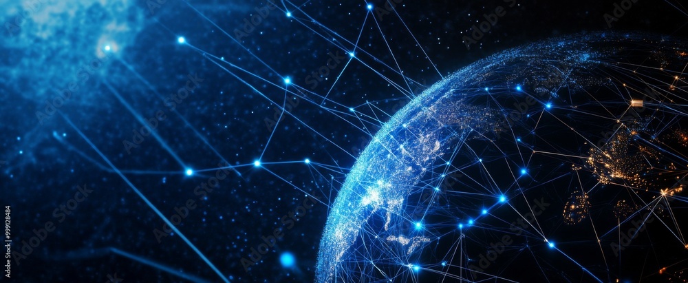 Poster abstract digital planet earth with glowing network connections and data lines on a dark blue backgro