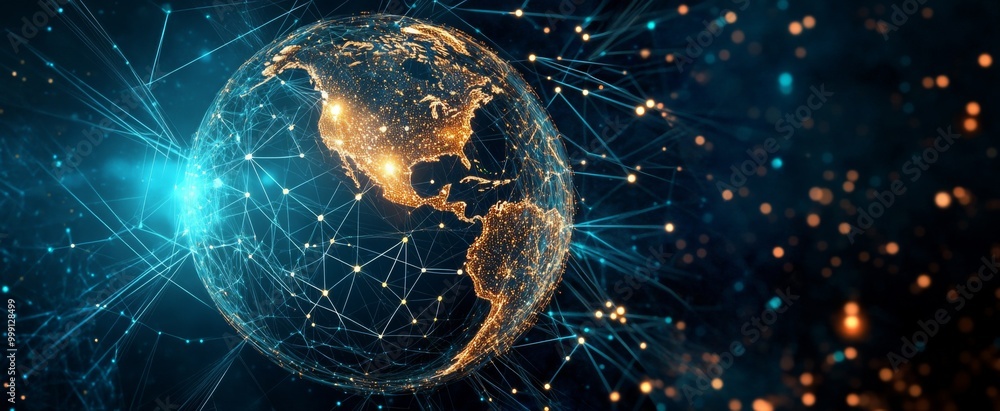 Poster abstract digital planet earth with glowing network connections and data lines on a dark blue backgro