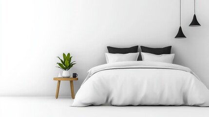 Minimalist Bedroom Oasis: A serene sanctuary of modern design featuring a pristine white bed, sleek black pendant lights, and a touch of greenery on a wooden side table.