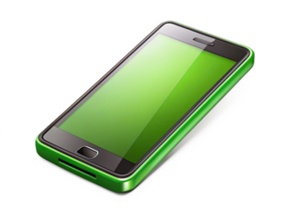 Green mobile phone on white background, with blank screen tilted slightly to reveal front and side. Vibrant and fresh look due to green casing