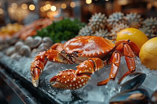 Fresh seafood display  crabs, sea urchins, mussels, and lemons on ice in a seafood shop