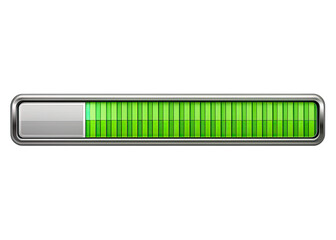 A metallic, green progress bar, nearly complete, is isolated on a white background