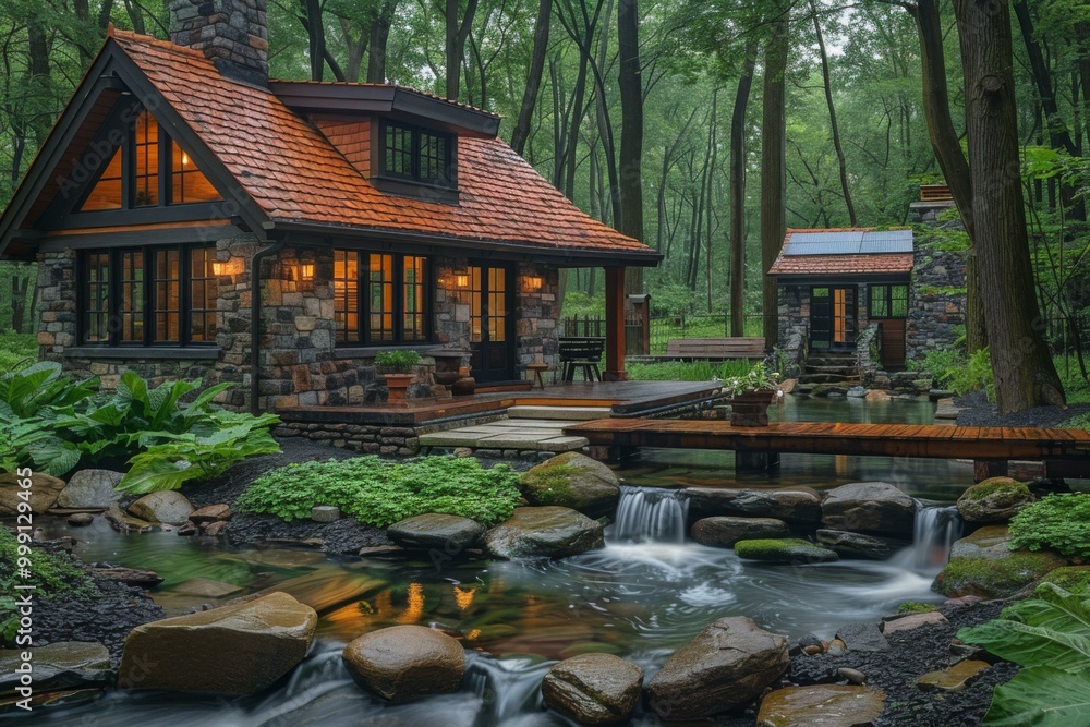 Poster a small cabin in the woods with a stream running through it. ai.