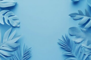 Elegant blue background with tropical leaves creating a modern design for social media and digital marketing. Perfect for banners, cover photos, or presentations on Instagram and YouTube.