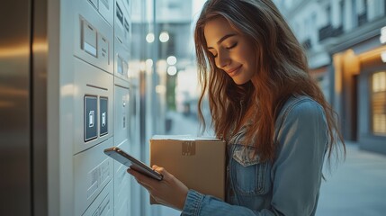 Woman using an outdoor automated parcel machine for easy self-service package collection