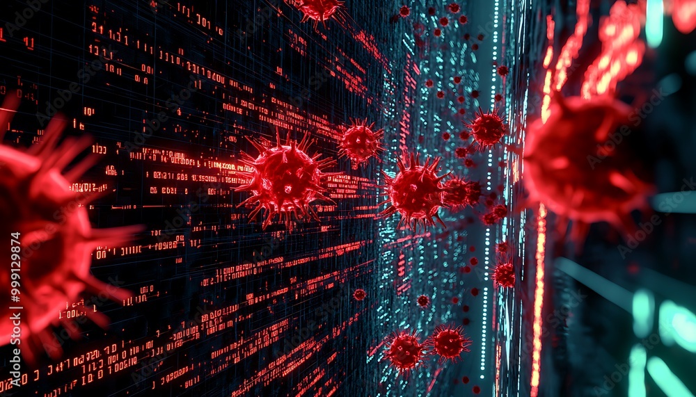 Poster futuristic cyber attack scene with digital viruses and glowing firewall blocking threat