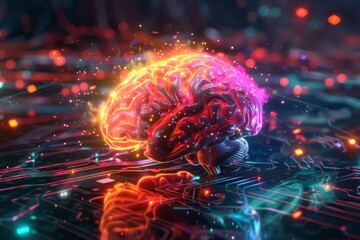 A glowing brain on a circuit board with neon lights. AI.