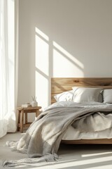 Sunlit modern minimal white bedroom featuring a wooden bed and gray blanket for luxury interior design inspiration