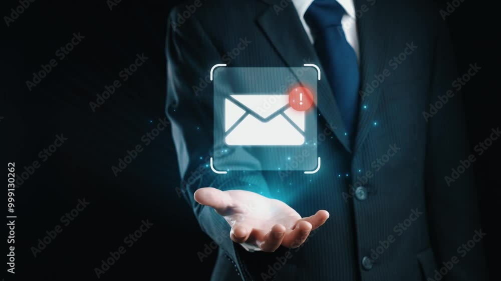 Poster business person checking email inbox, organizing and prioritizing messages for better productivity. 