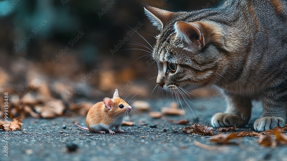 Poster a tabby cat stares intently at a tiny brown mouse on a path covered with fallen leaves.