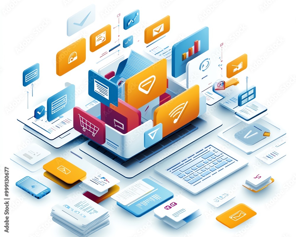 Poster document management concept, file access, document sharing, documentation database and managing files online document
