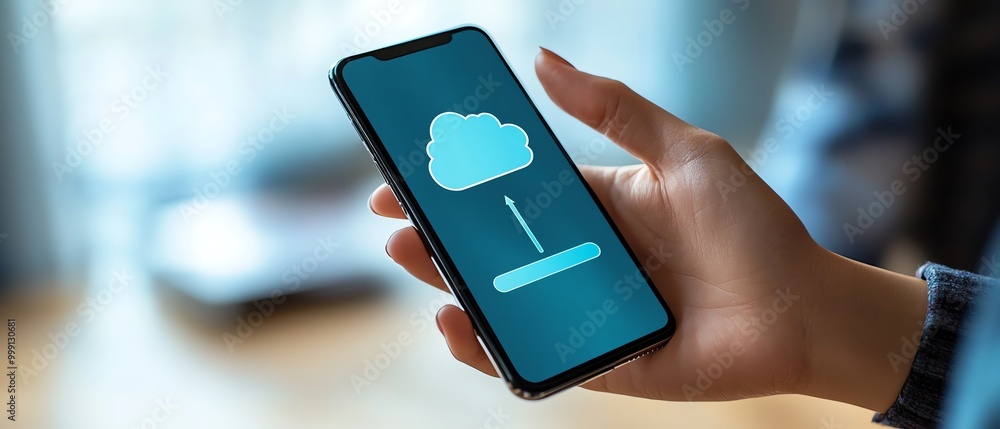 Poster Download processing data concept Downloading data from cloud storage Person using smartphone with downloading bar on virtual screen for download files