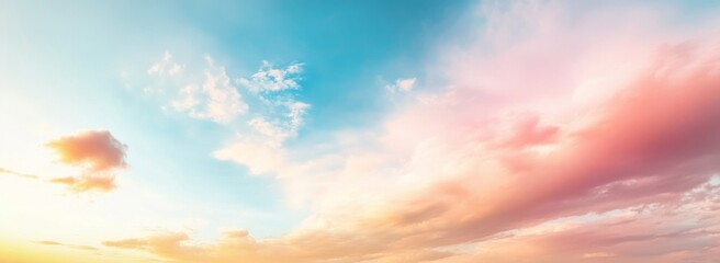 Obraz premium Pastel-colored clouds in a dreamy sky create an ethereal atmosphere, featuring a gradient of soft pinks, blues, oranges, and yellows reminiscent of a sunset or sunrise, perfect for various themes like