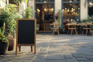 Charming cafe pavement sign mockup featuring a blank chalkboard menu outside a cozy eatery with a welcoming atmosphere