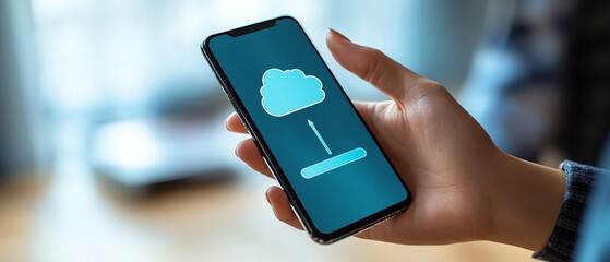 Download processing data concept Downloading data from cloud storage Person using smartphone with downloading bar on virtual screen for download files