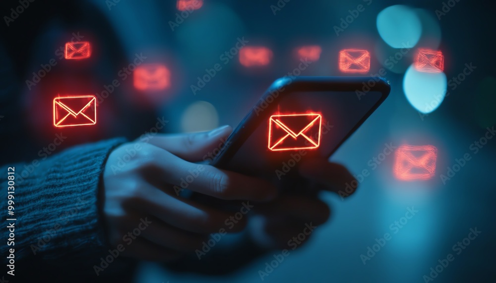 Poster Email error or email spam, Person using smartphone with email error notification on virtual screen, warning notification and spam message