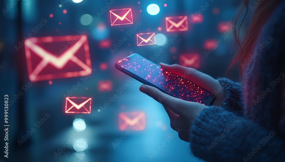 Poster Email error or email spam, Person using smartphone with email error notification on virtual screen, warning notification and spam message
