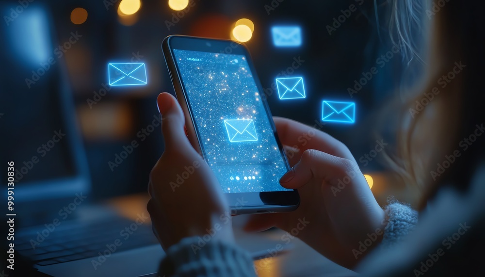 Aufkleber Email error or email spam, Person using smartphone with email error notification on virtual screen, warning notification and spam message