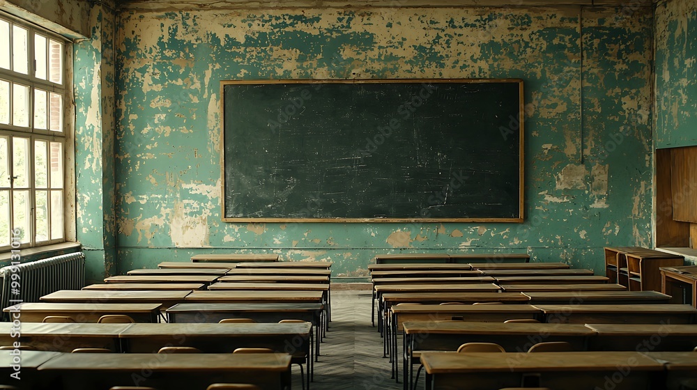 Poster an empty classroom, complete with a chalkboard and neatly arranged desks, waits in quiet readiness.