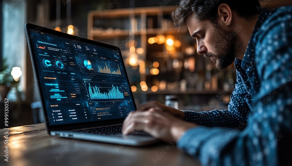 Poster key performance indicators KPIs concept Tracking performance, setting goals and making decisions Businessman use laptop with KPI icons on virtual screen