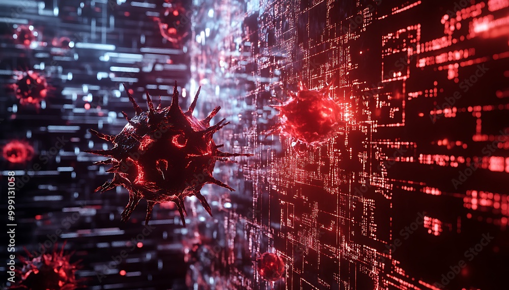 Poster futuristic cyber attack scene with digital viruses and glowing firewall blocking threat