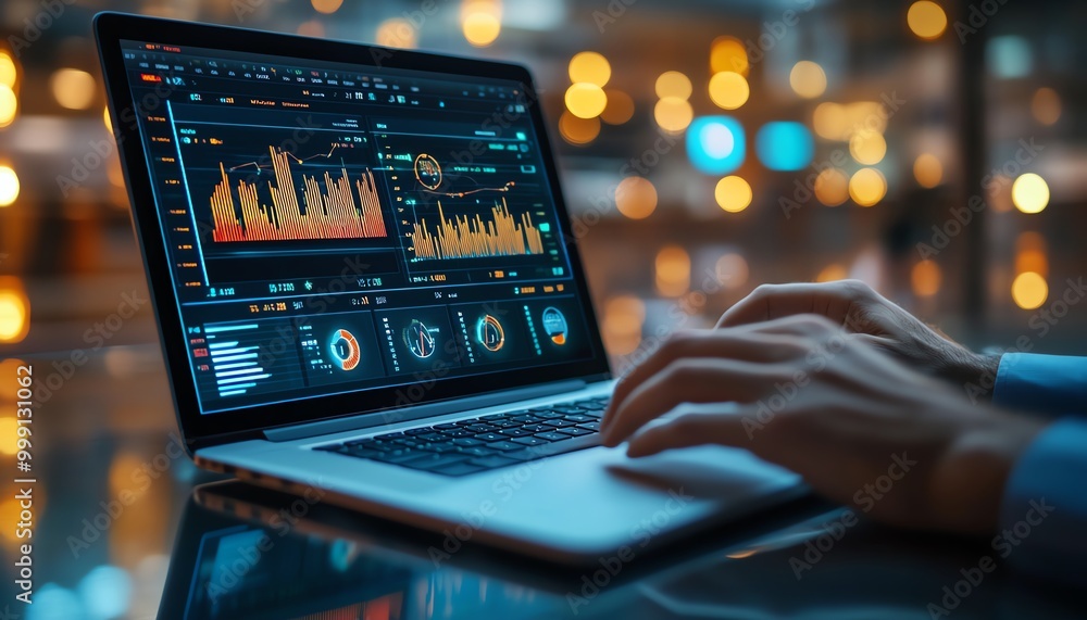 Poster key performance indicators KPIs concept Tracking performance, setting goals and making decisions Businessman use laptop with KPI icons on virtual screen