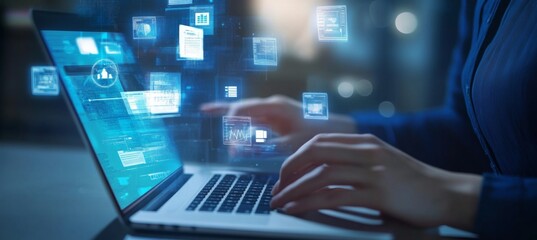 Person using a laptop to process data and digital documents in an office, with floating icons symbolizing technology integration into business streams, set against a blue-toned futuristic background.