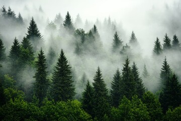Dense forest shrouded in mist, showcasing silhouettes of pine trees contrasting against soft gray clouds, creating an ethereal and mysterious atmosphere.