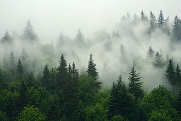 Dense forest shrouded in mist, showcasing silhouettes of pine trees contrasting against soft gray clouds, creating an ethereal and mysterious atmosphere.