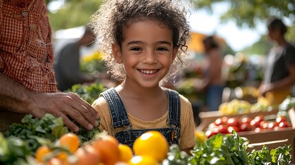 A young girl picks out fresh produce at a farmers market, her face filled with delight.