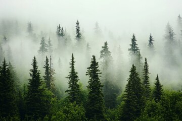 Dense forest shrouded in mist, showcasing silhouettes of pine trees contrasting against soft gray clouds, creating an ethereal and mysterious atmosphere.