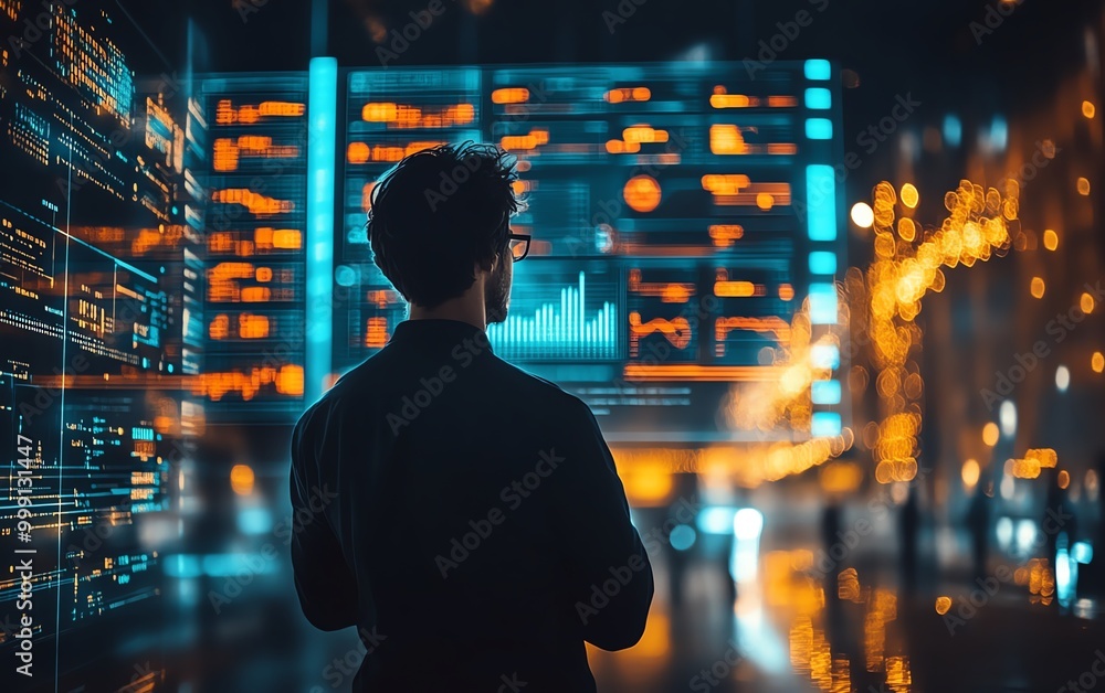 Poster Businessman with data management system by AI artificial intelligence technology to make report with KPI and metrics connected to database finance