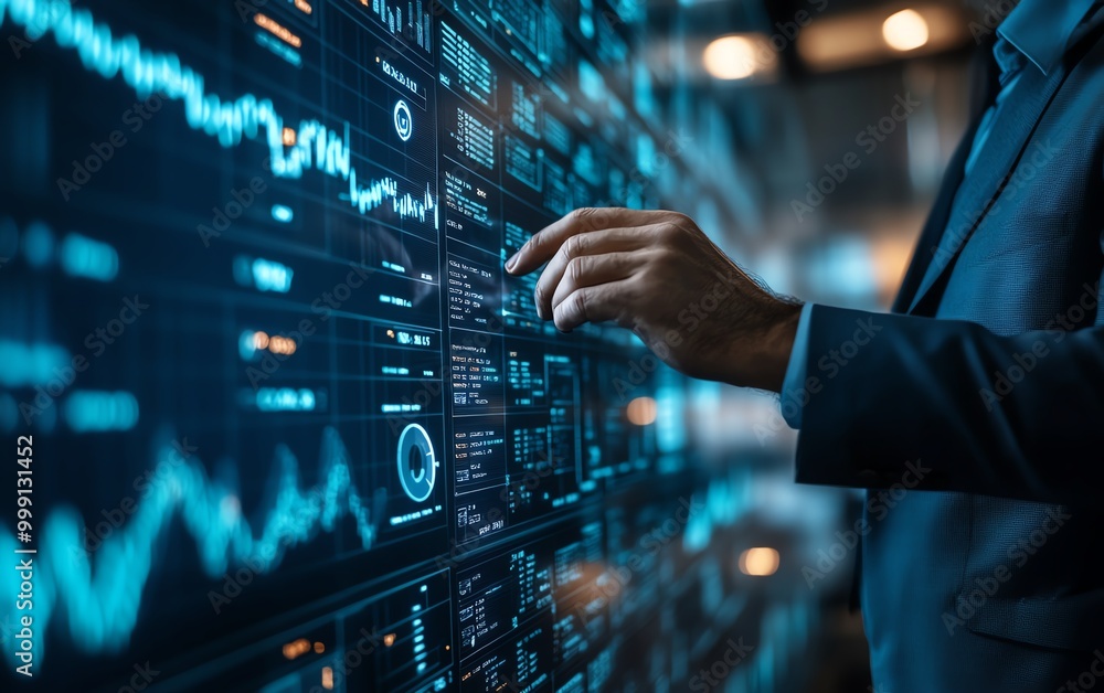 Poster Businessman with data management system by AI artificial intelligence technology to make report with KPI and metrics connected to database finance