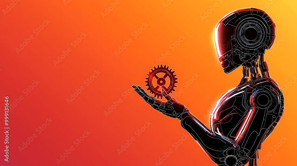 Poster an ai robot grasps a cogwheel, a symbol of futuristic technology and the gears of progress.