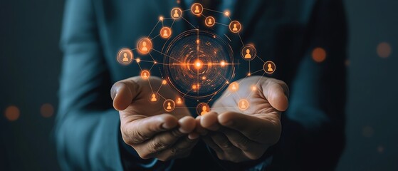 Customer relationship management concept Target audience, marketing plan and strategies Businessman holding target icon linked with human icons for customer focus group