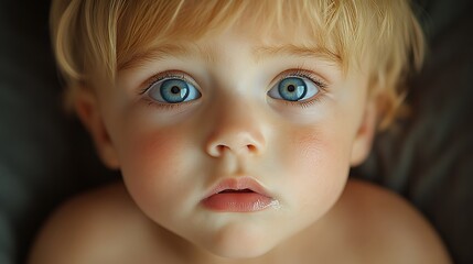 Close-up portrait of a baby with blue eyes looking at the camera.