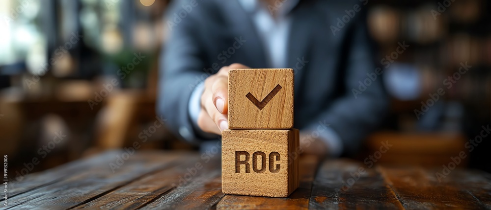 Poster Proactive or reactive solution initiative concept Businessman hold wooden block with  checkmark and text proactive