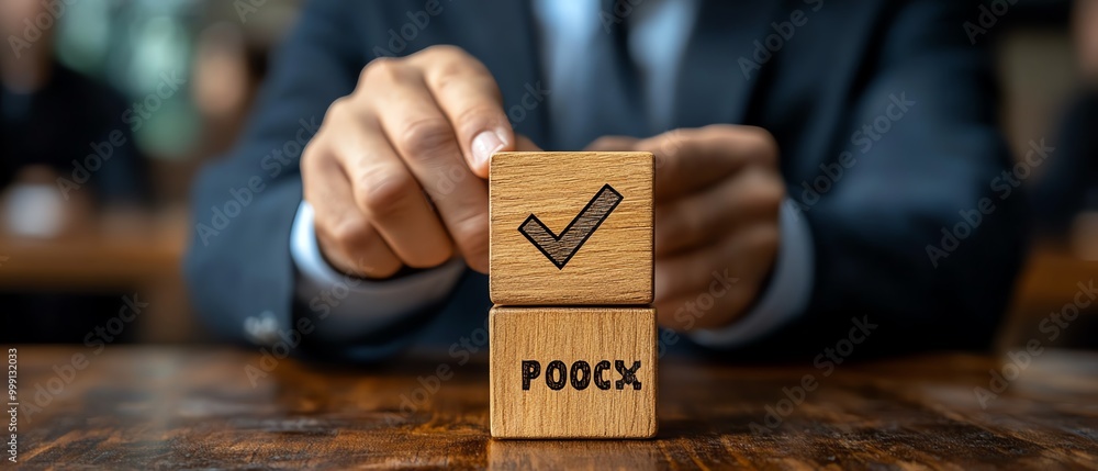Poster Proactive or reactive solution initiative concept Businessman hold wooden block with  checkmark and text proactive