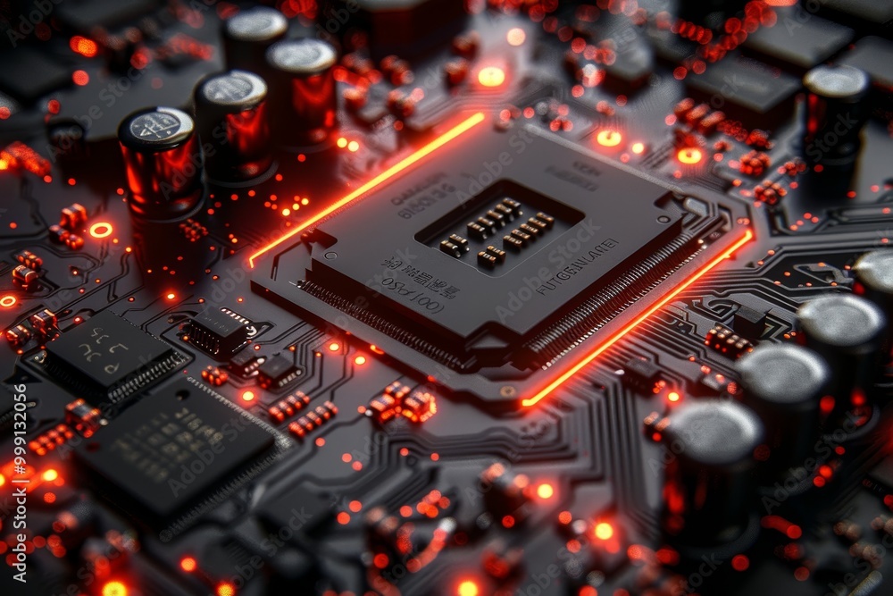 Poster illuminated printed circuit board on dark background during electronic component production