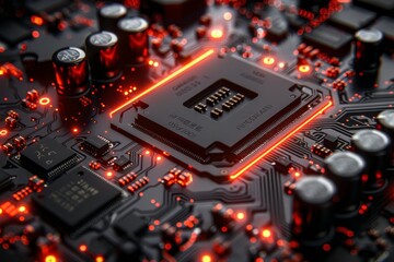 Illuminated printed circuit board on dark background during electronic component production