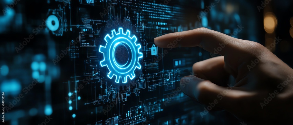 Aufkleber RPA, Business robotic process automation concept Person with gear icon on virtual screen for improve productivity and management efficiency