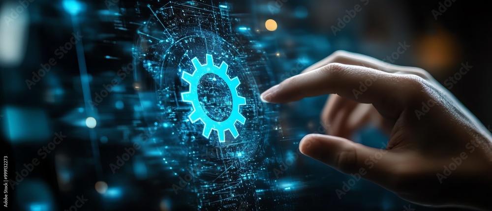 Poster rpa, business robotic process automation concept person with gear icon on virtual screen for improve