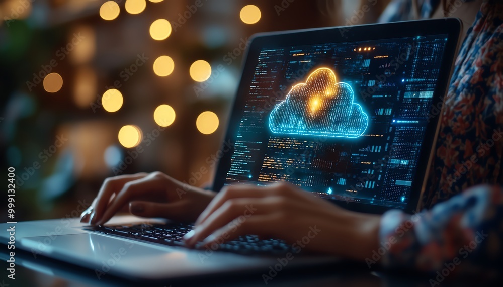 Poster Secure access to data on cloud Person use laptop with cloud computing technology that provides online network services, applications, server systems, Storage, networking