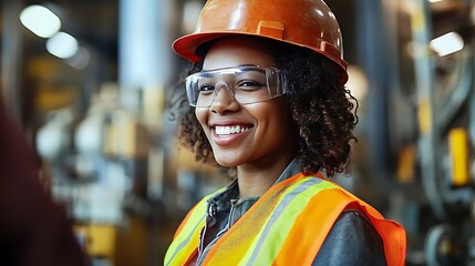  Young mixed race black african american female construction builder industrial factory worker electrician apprenticeship student on work placement, copy space 