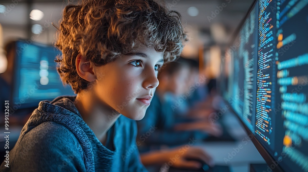 Aufkleber a young boy learns to code, his eyes fixed on the computer screen as new possibilities unfold.