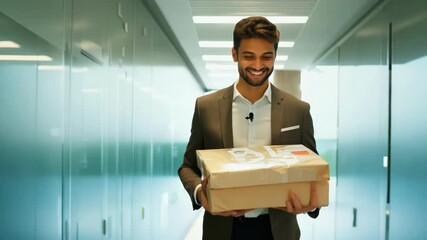 A smiling delivery worker holds a package in a bright hallway. The image evokes trust and efficiency in modern logistics and e-commerce.