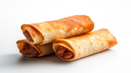 Crispy spring rolls filled with savory meat, stacked neatly on white background, showcasing their golden brown texture and delicious filling.
