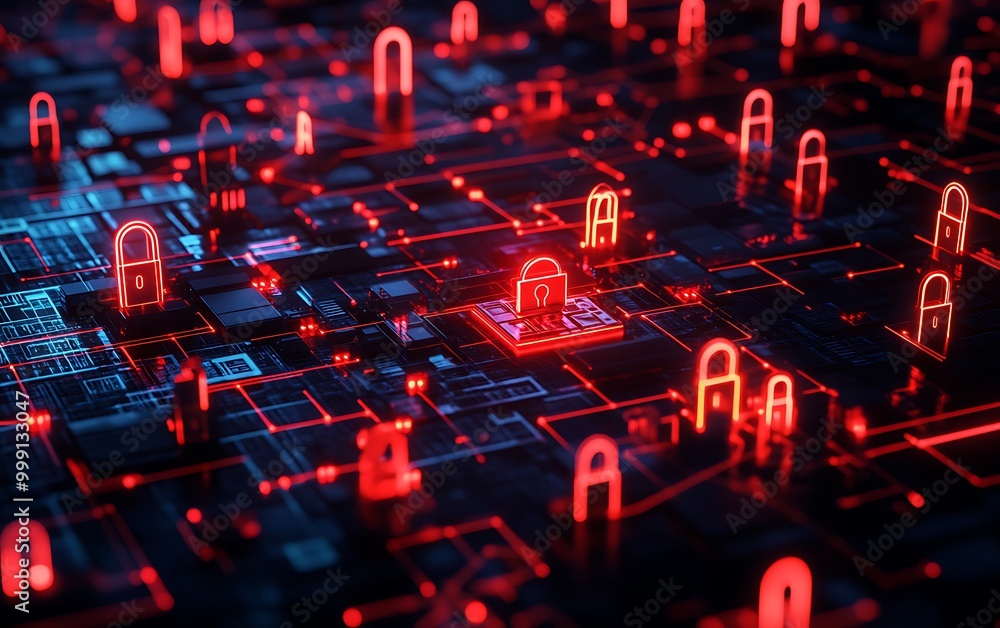 Poster Glowing Network of Encrypted Data with Cyber Threats Attempting Breach Held Back by Locks and Firewalls