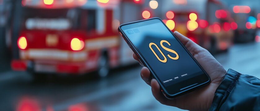 Man holding smartphone with numbers text 911 Copy space