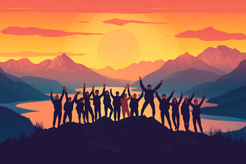 A group of people celebrating at sunset with mountains and a river in the background.
